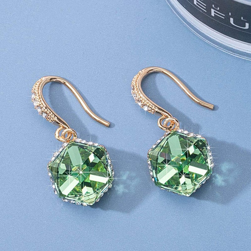 EVEVIC Austrian Crystal Cube Drop Dangle Earrings for Women 14K Gold Plated Hypoallergenic Jewelry (Green) - Image 5